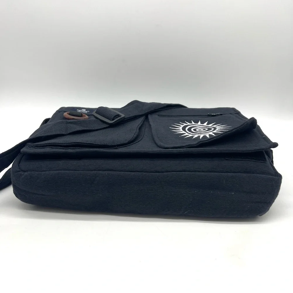 Black Cotton Laptop Messenger Bag with Swirl Embroidery
